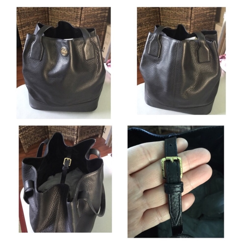TORY BURCH MICHELLE BLACK PEBBLED LEATHER BUCKET TOTE BLACK GOLD LOGO - Picture 7 of 15